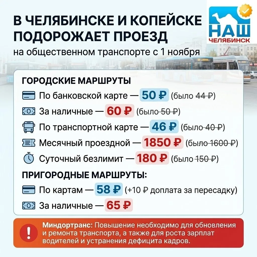 💰В Челябинске и Копейске с 1 ноября  подорожает проезд на общественном транспорте