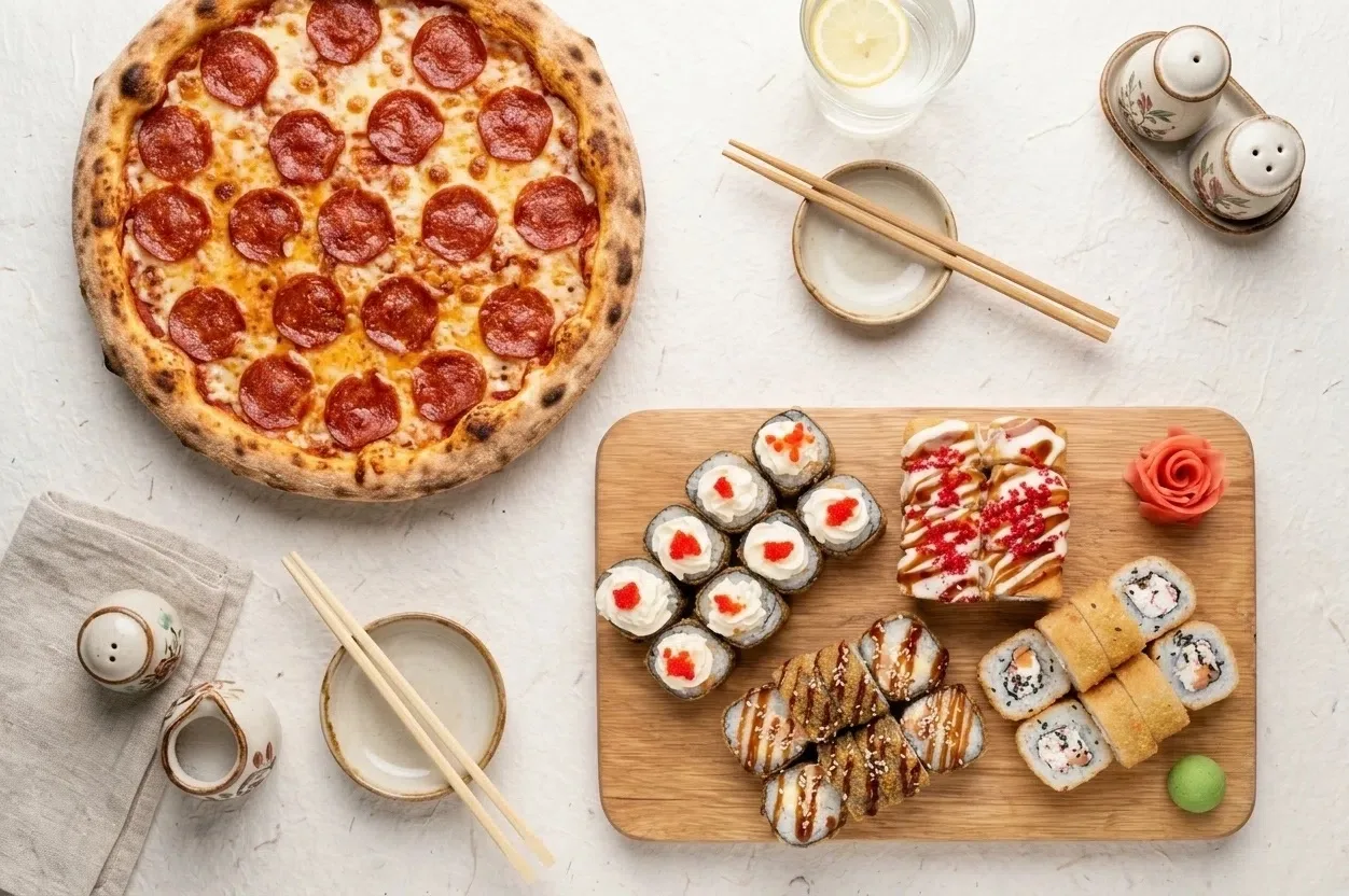🍣 Идеальный дуэт для выходных: жареные роллы + пицца «Пепперони» 32 см.