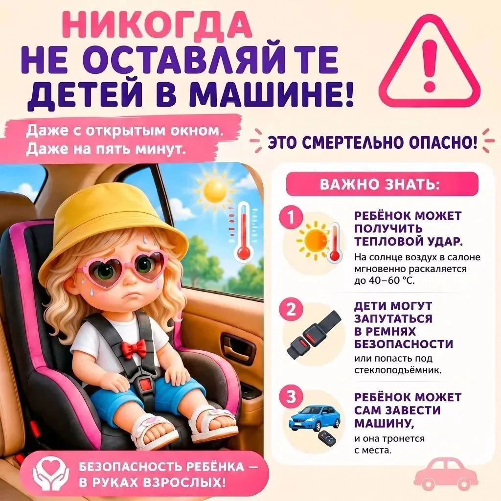 🚗Всего 5 минут в закрытом автомобиле могут стоить ребёнку жизни.

Даже при открытом окне салон быст