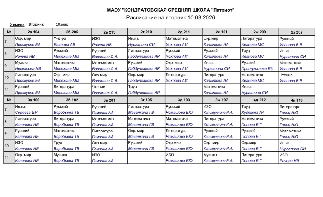 Расписание Вторник 10.03