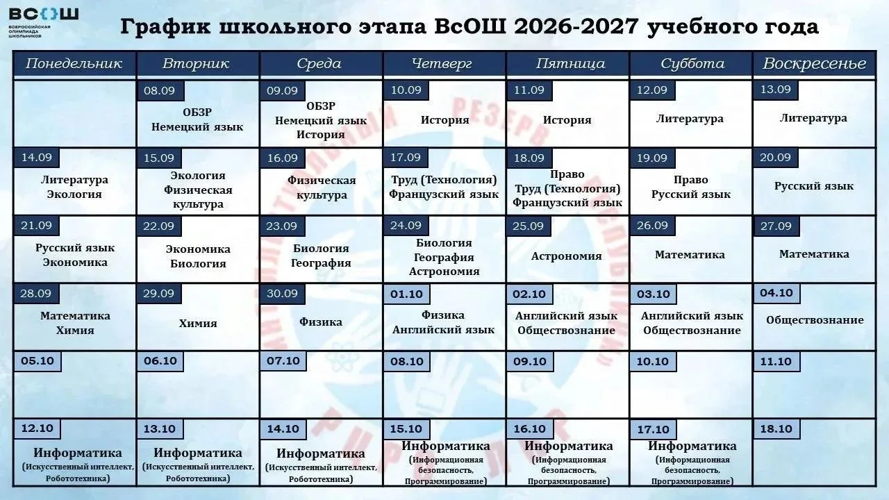 С 8 сентября стартует школьный этап Всероссийской олимпиады школьников в 2026/2027 учеб...
