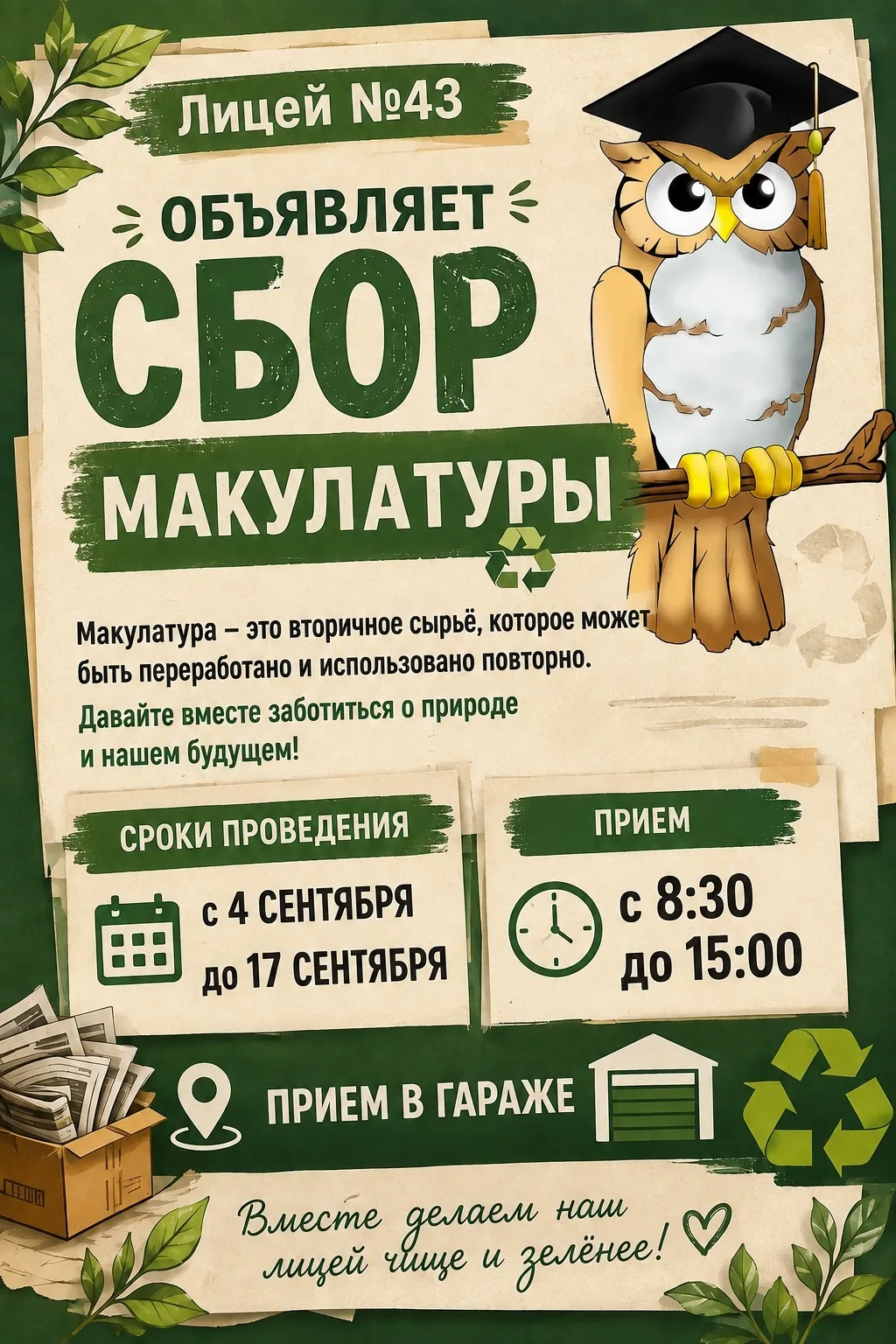 В МОУ «Лицей №43» объявляется сбор макулатуры! ♻️
