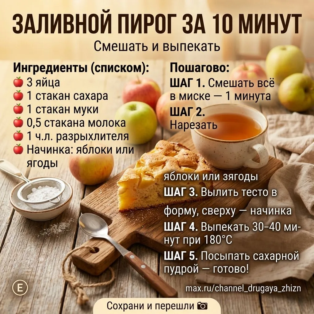 🍎 Заливной пирог за 10 минут.