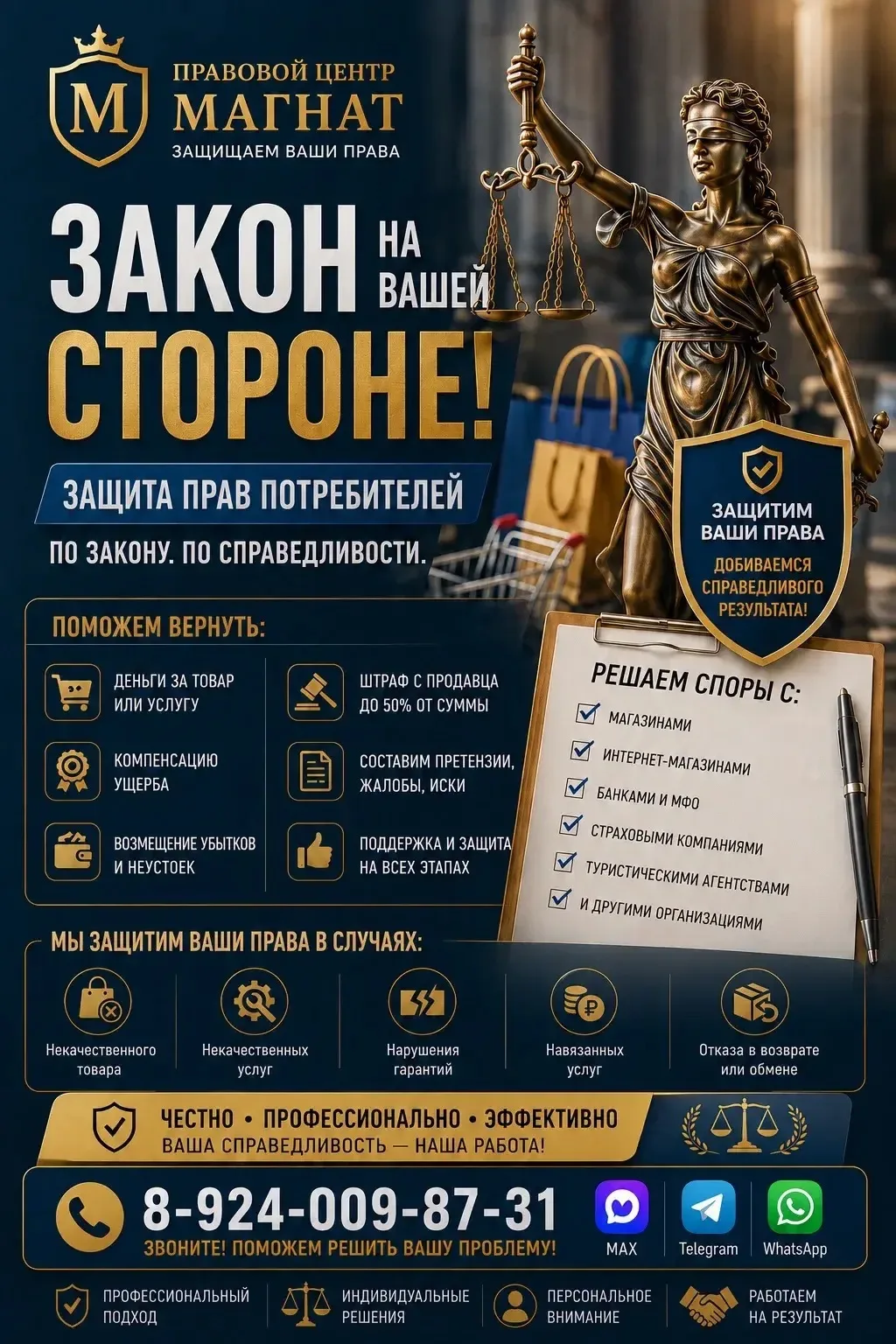 ⚖️ ЗАЩИТА ПРАВ ПОТРЕБИТЕЛЕЙ
Приобрели некачественный товар? Оказали услугу ненадлежащего качества? О