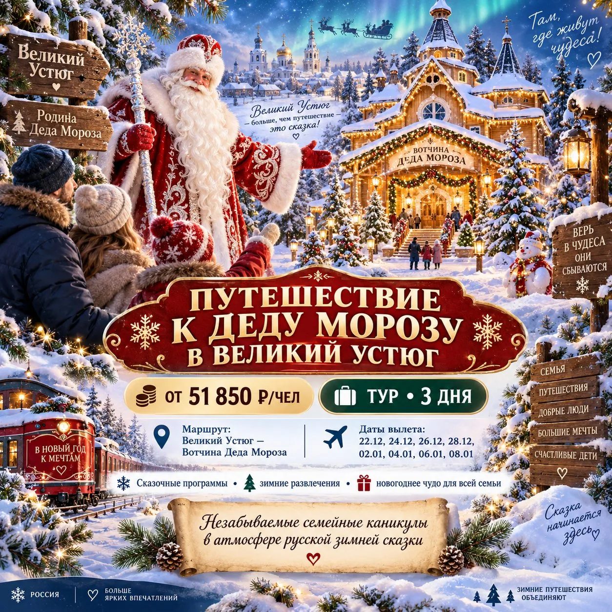 ОТ 51 850 Р/ЧЕЛ ТУР «ПУТЕШЕСТВИЕ К ДЕДУ МОРОЗУ В ВЕЛИКИЙ УСТЮГ» • 3 ДНЯ