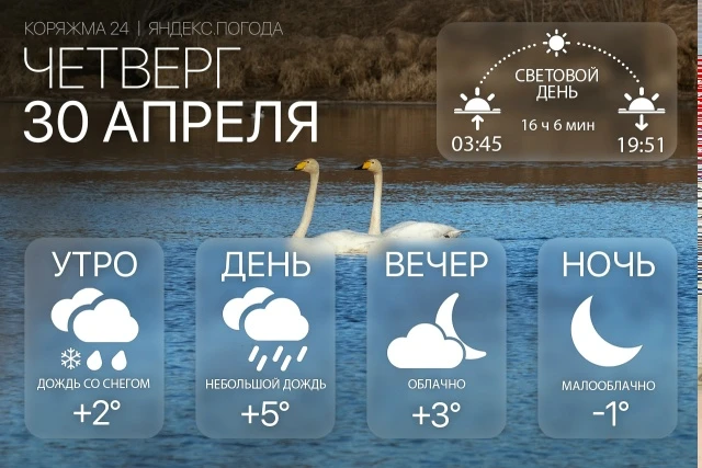 Доброе утро, Коряжма! 
Четверг, 30 апреля. Утром дождь со снегом, +2°, днём небольшой дождь и до +5°