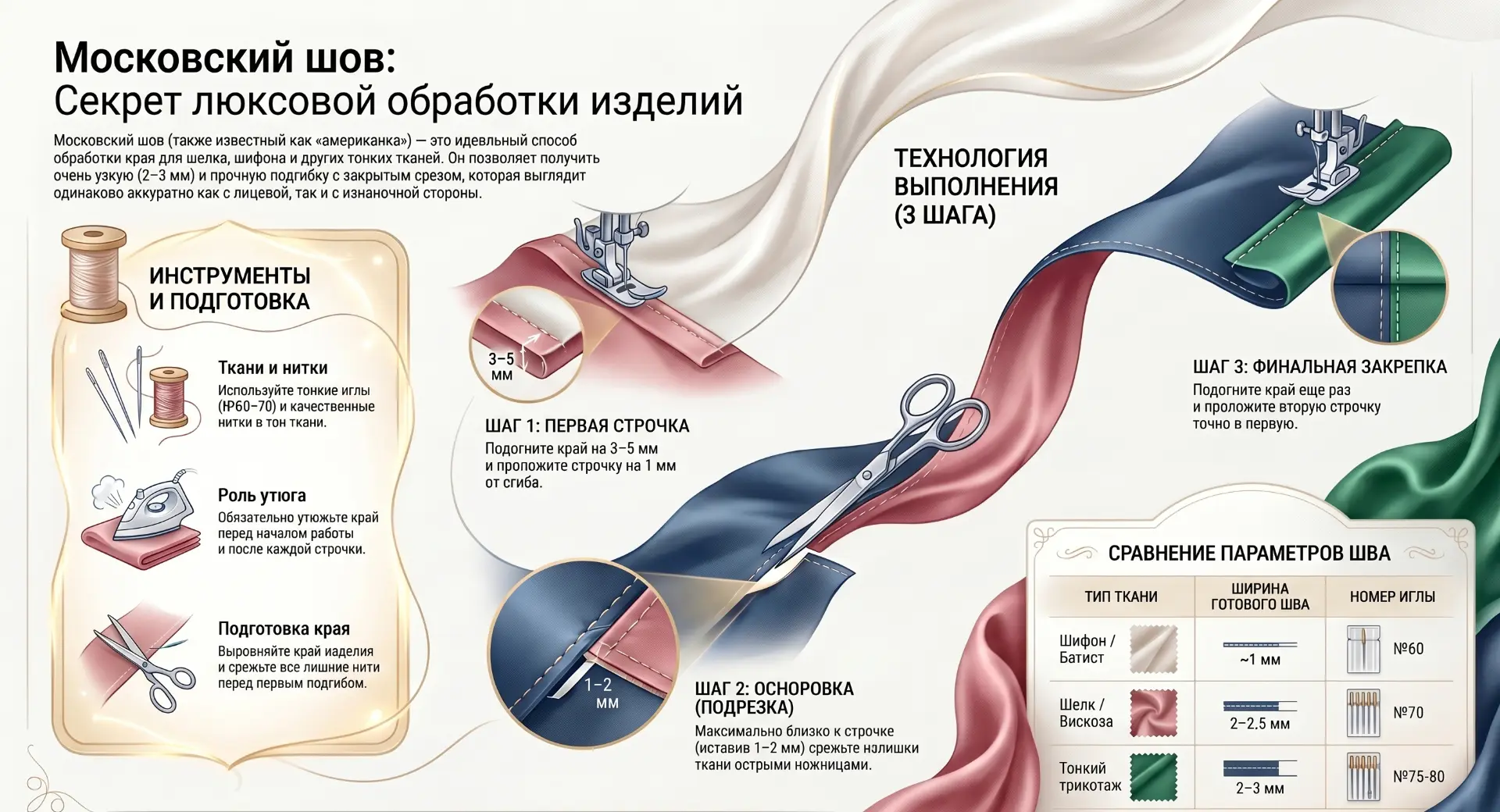 Как сшить идеальный Московский шов? Пошаговая обработка края шелка и шифона без ошибок и затяжек! 🪡