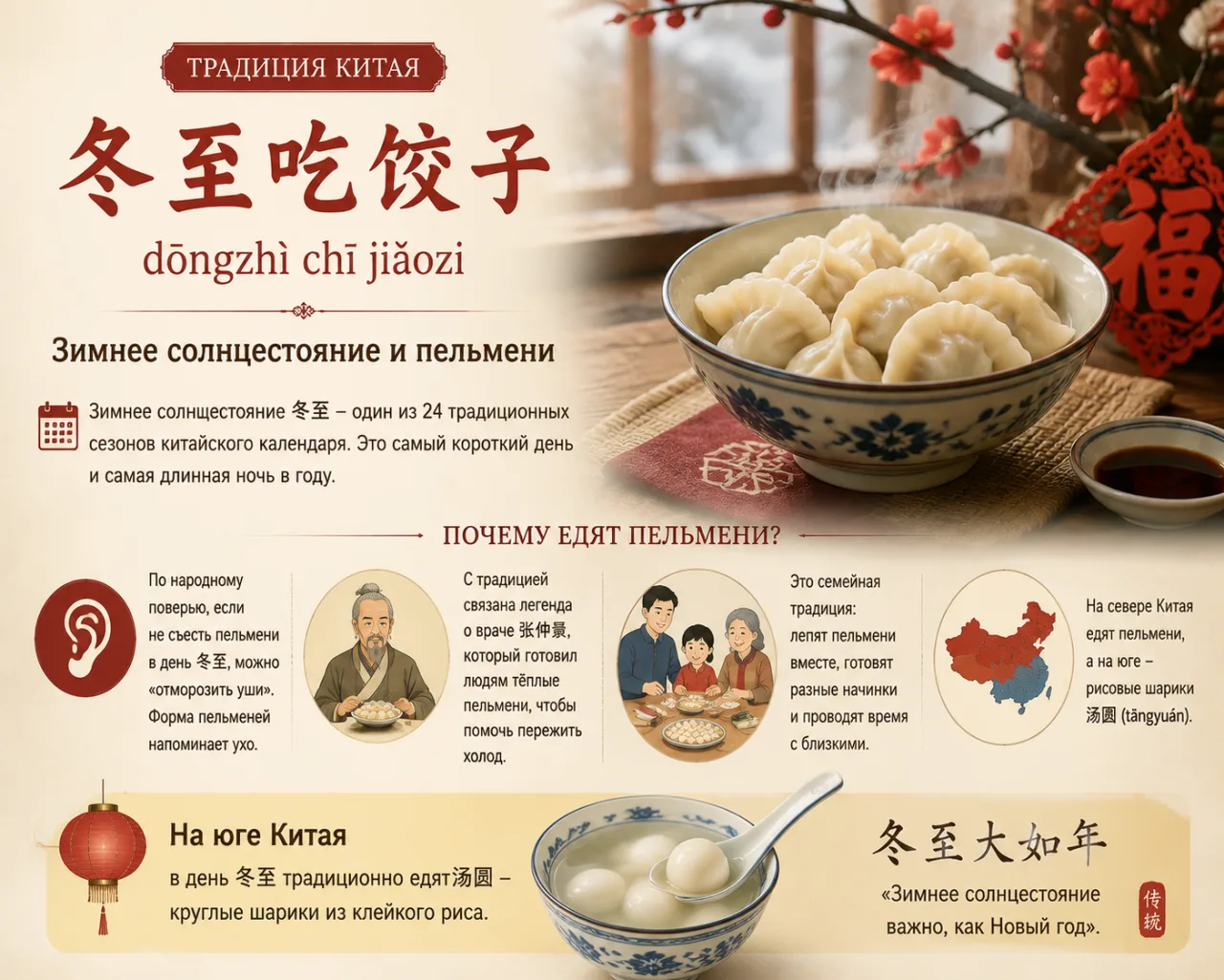 Традиция: зимнее солнцестояние и пельмени — 冬至吃饺子 (dōngzhì chī jiǎozi)