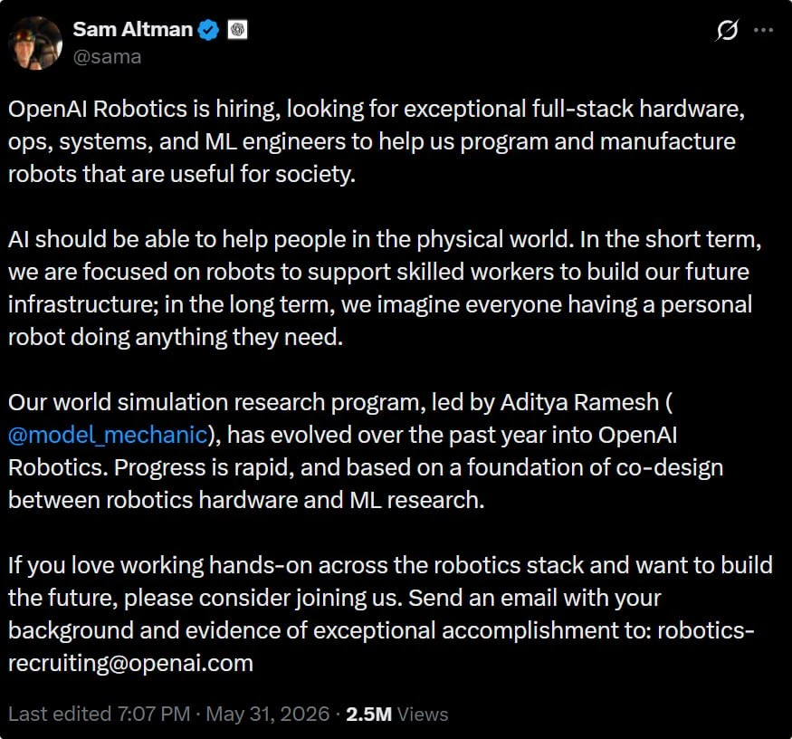 ⚡️ Сэм Альтман подтвердил возвращение OpenAI к разработке воплощенного ИИ

OpenAI возобновляет работ