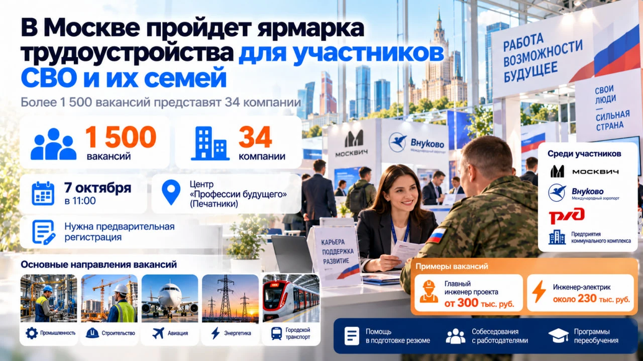 В Москве анонсировали ярмарку трудоустройства для участников СВО и членов их семей: бол...
