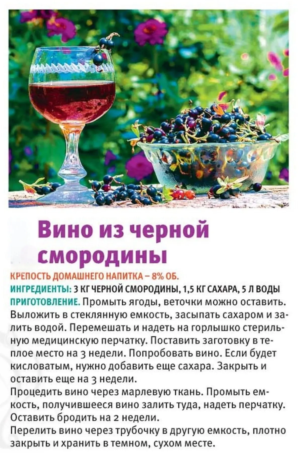 Домашнее ВИНО. 
Нашла вот такой рецепт домашнего вина из черной смородины. 
Может кому-то пригодится