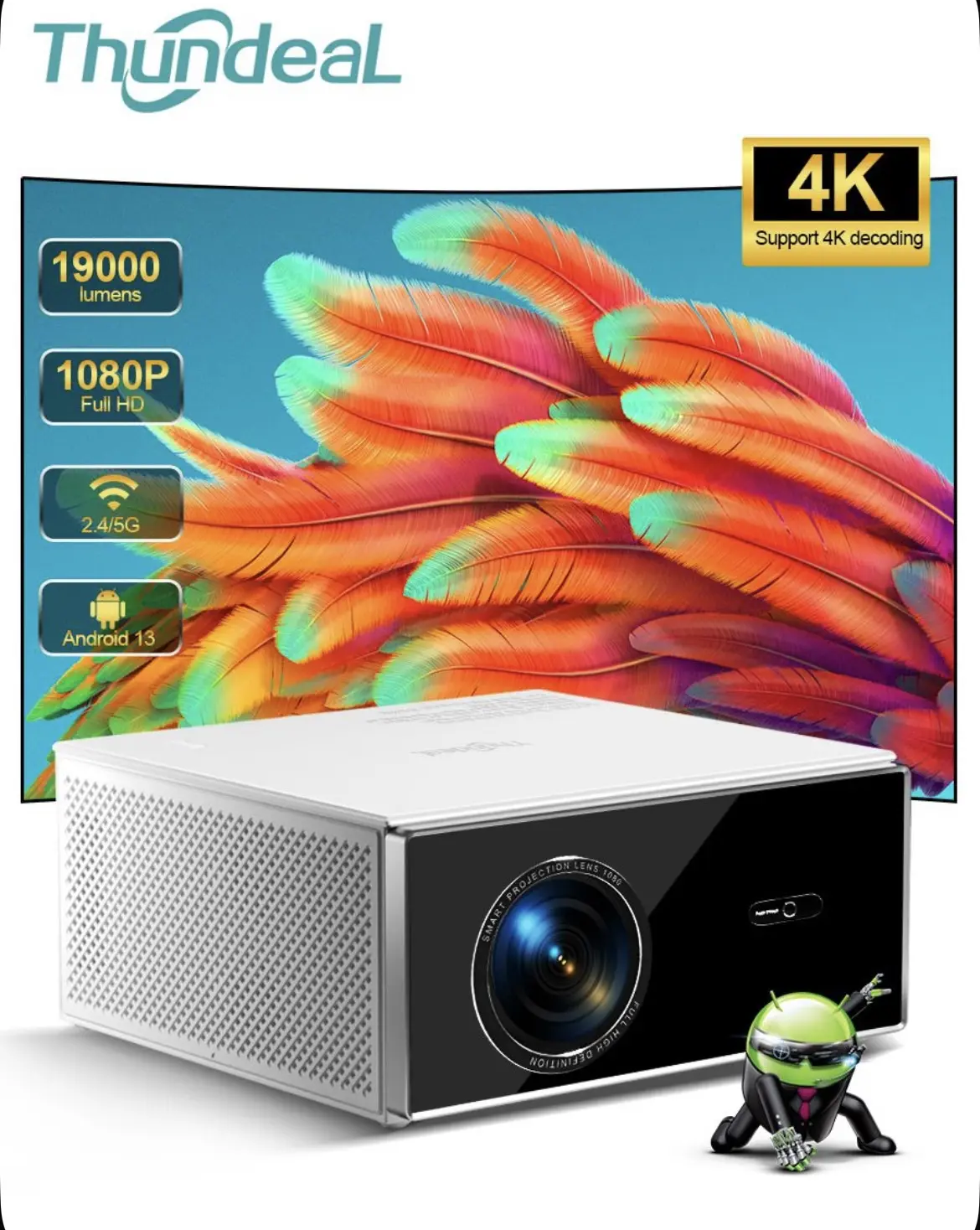 ThundeaL Проектор ThundeaL 2K 4K Full HD 1080P проектор TDA7W  32G Android 13 WiFi 6 До...