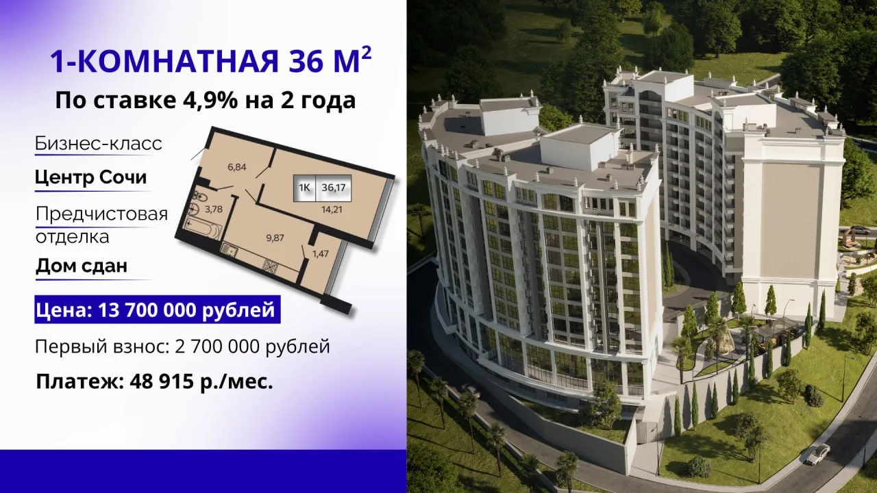 ⭐️Забирайте полноценную однушку в центре Сочи по ставке 4,9% на 2 года

Это не шутка, друзья! Классн