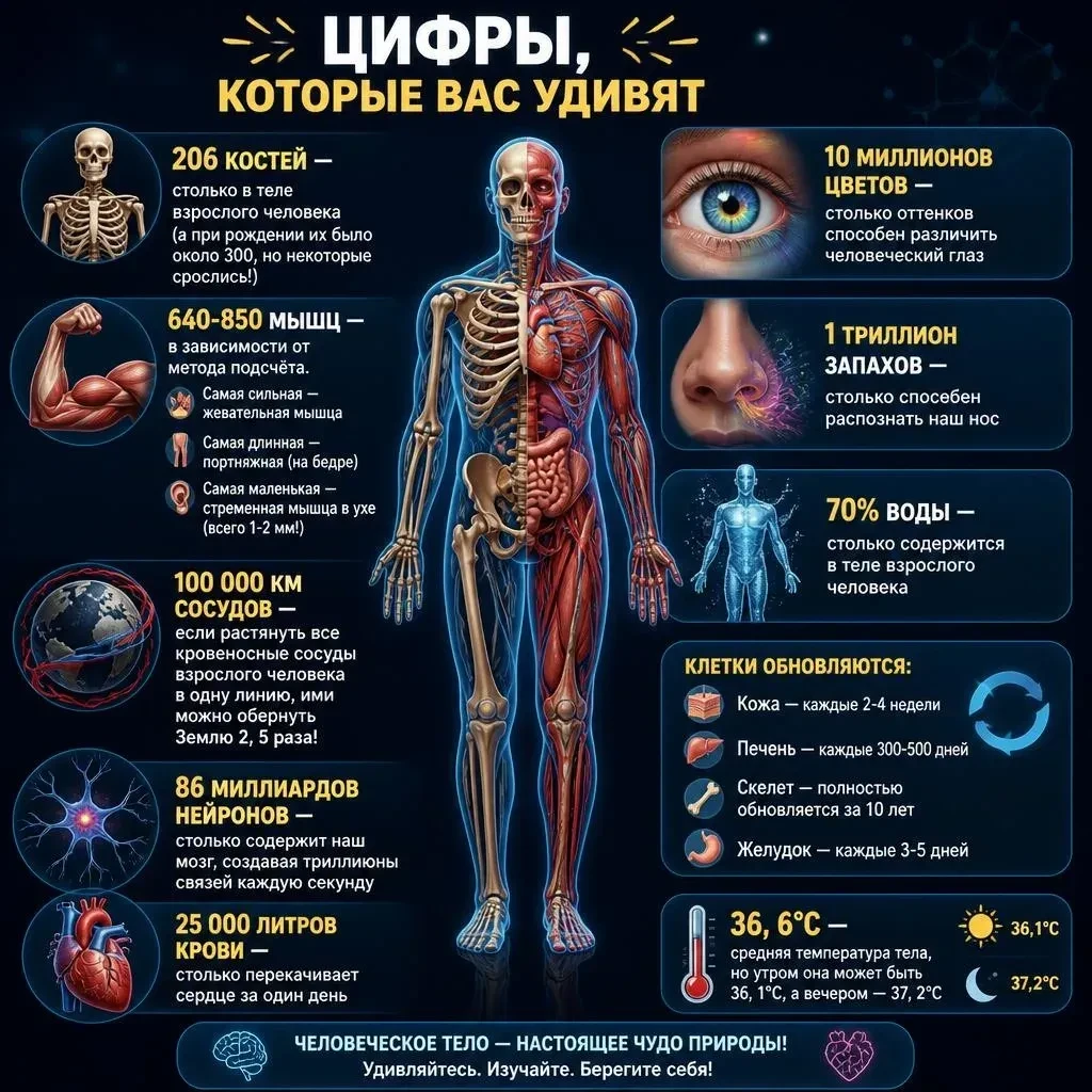 🔬 АНАТОМИЯ В ЦИФРАХ: УДИВИТЕЛЬНЫЕ ФАКТЫ О ТЕЛЕ ЧЕЛОВЕКА!