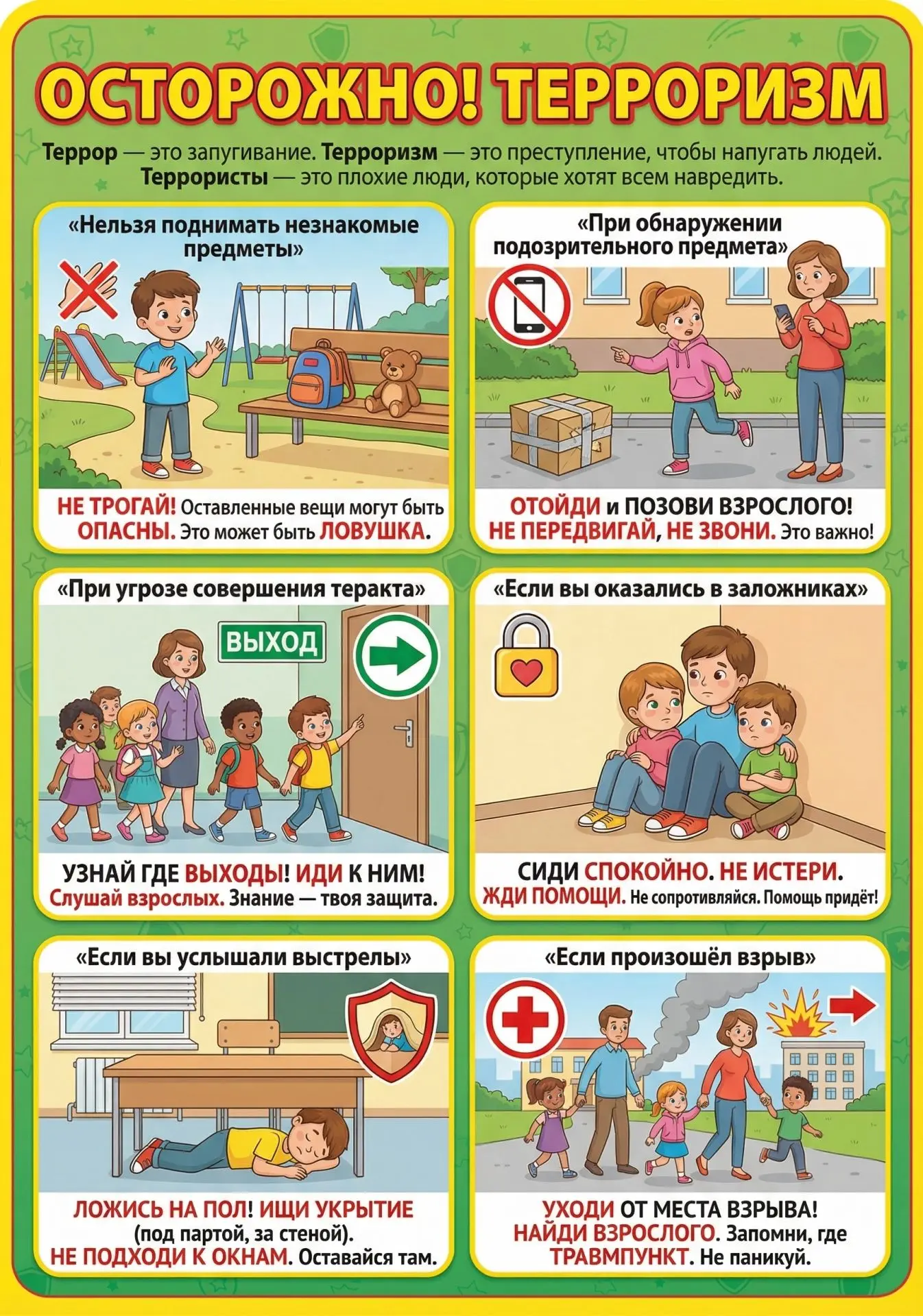🚨 ВНИМАНИЕ! Важно для каждого!

Что делать при угрозе теракта?

1. Не паникуй. Паника мешает мыслит