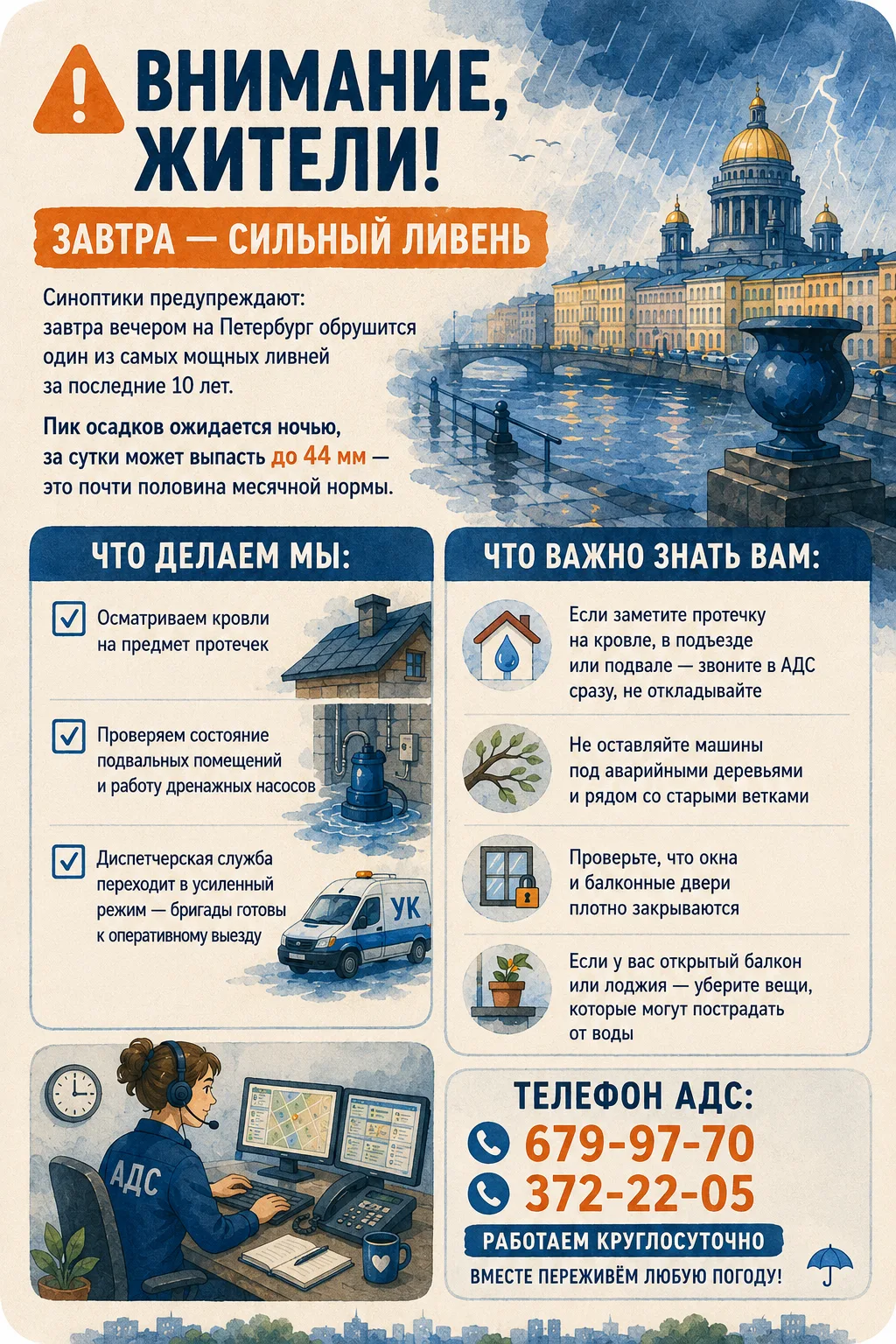 ⚠️ Внимание, дорогие жители! Завтра ожидается сильный ливень