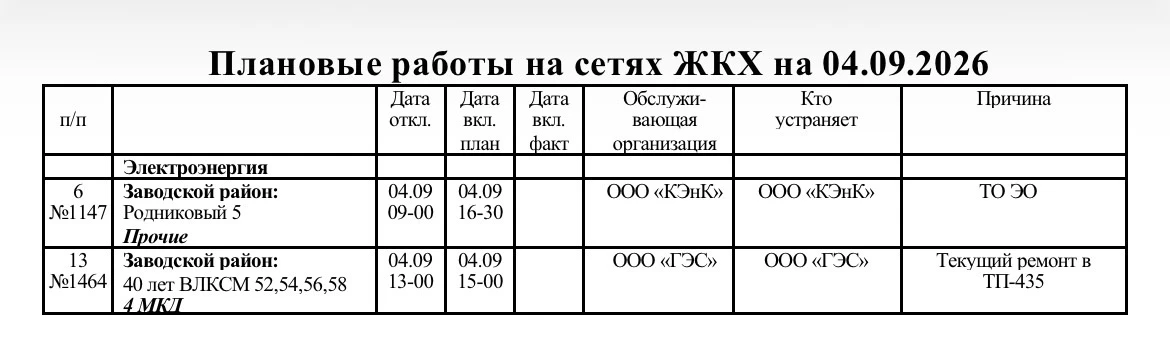 📣 Плановые работы на сетях по Заводскому району.
