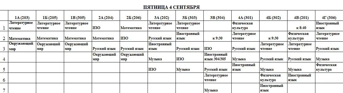 Расписание на 4 сентября