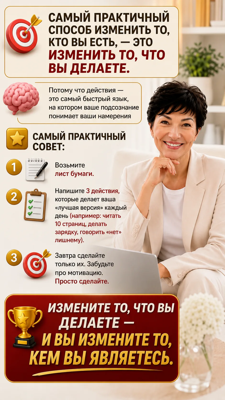 Самый практичный способ изменить то, кто вы есть, — это изменить то, что вы делаете.