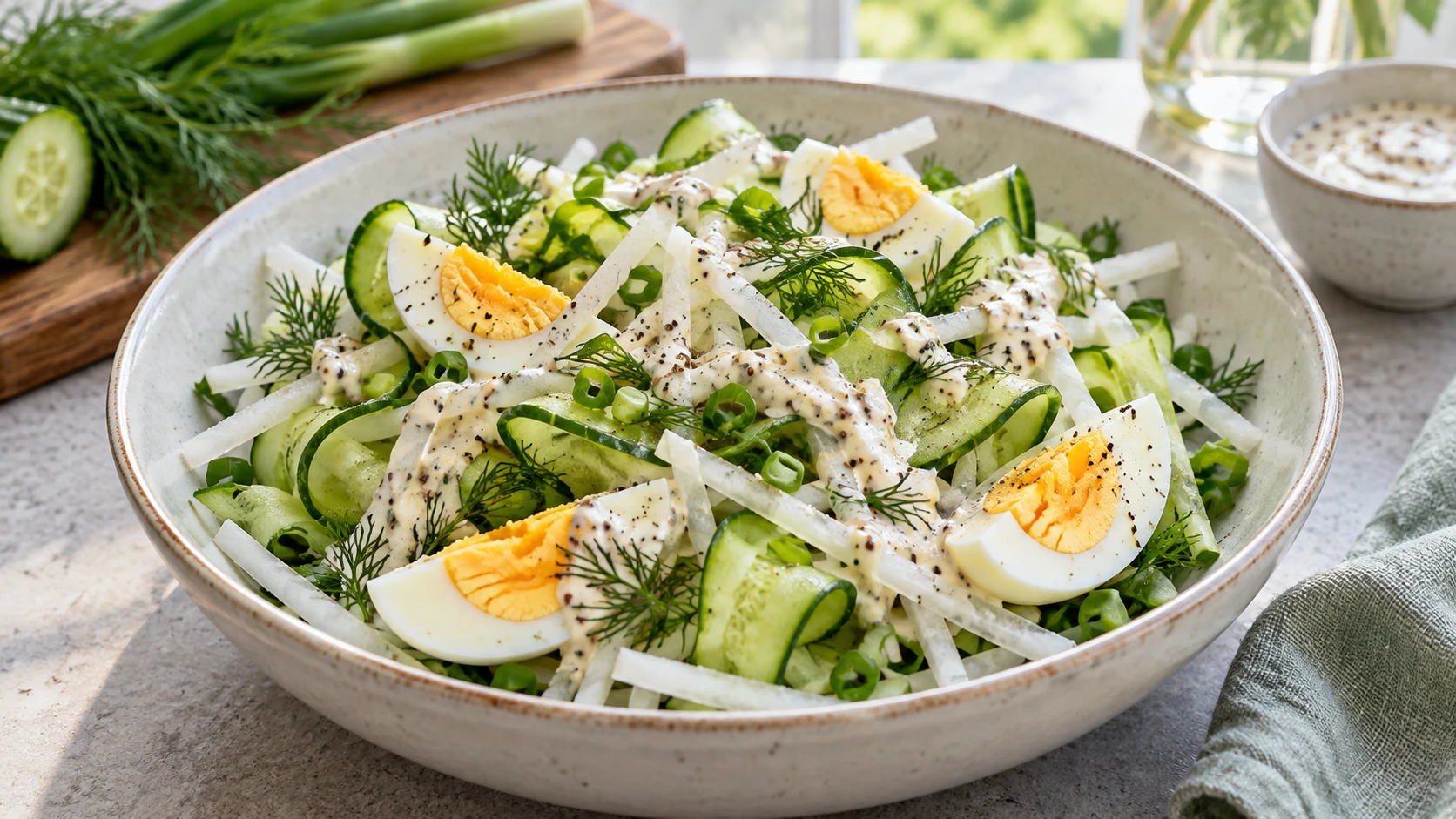 🥒 Хрустящий салат с дайконом, огурцом и яйцом