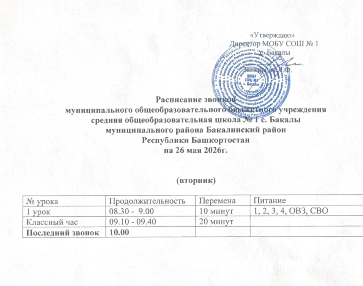Расписание звонков на 26 мая 2026г.