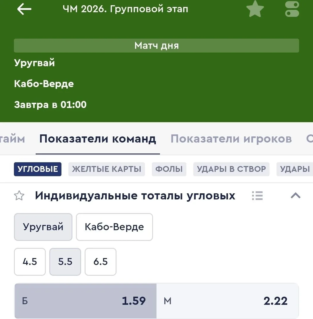 Футбол. Чемпионат Мира.
✅️️Уругвай - Кабо-Верде - Угловые ИТБ1(5.5) Коэффициент: 1.59 или  угловые Ф