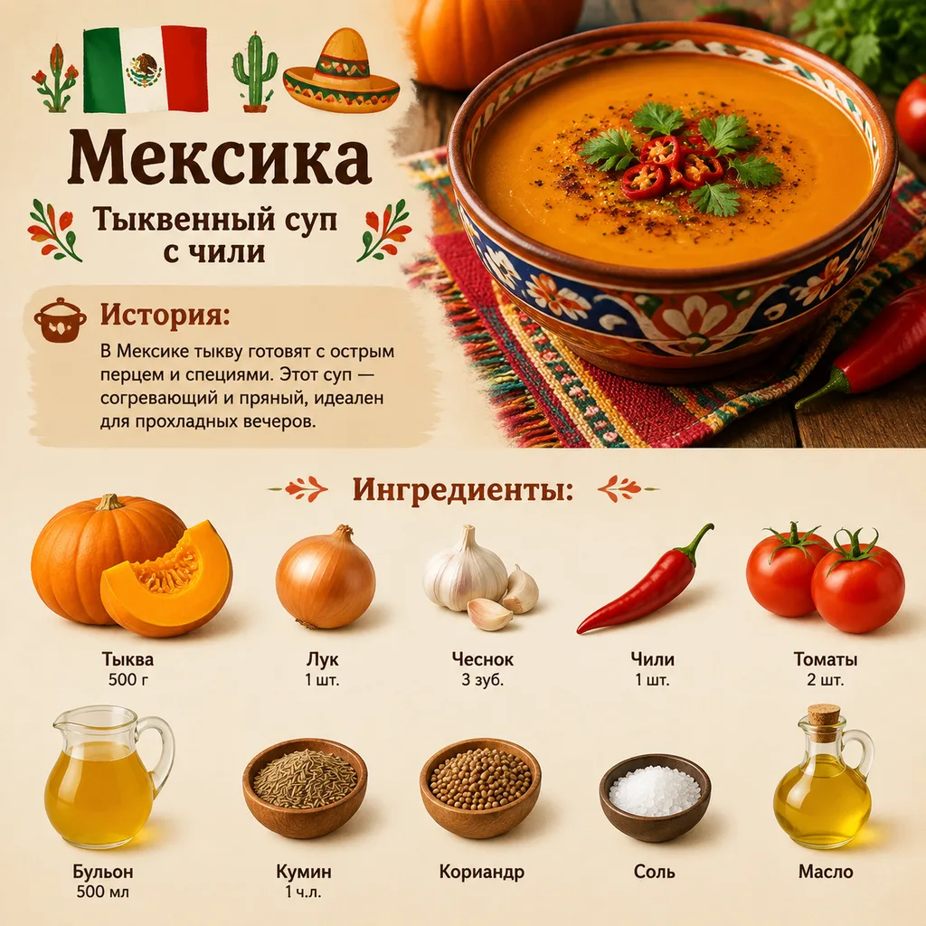 Мексика: Тыквенный суп с чили