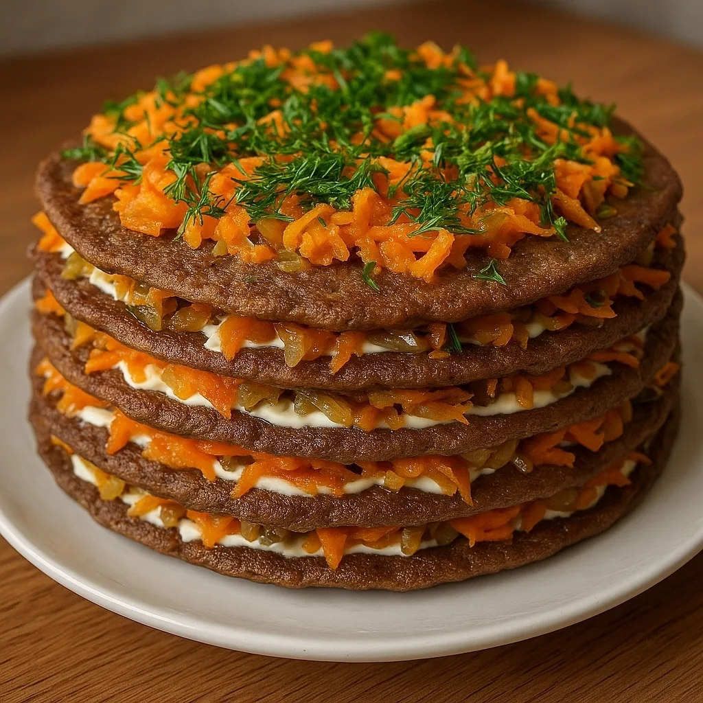 Печёночный торт 😍🍴  Очень вкусное, сытное и нарядное блюдо, которое украсит любой стол. Несмотря на 