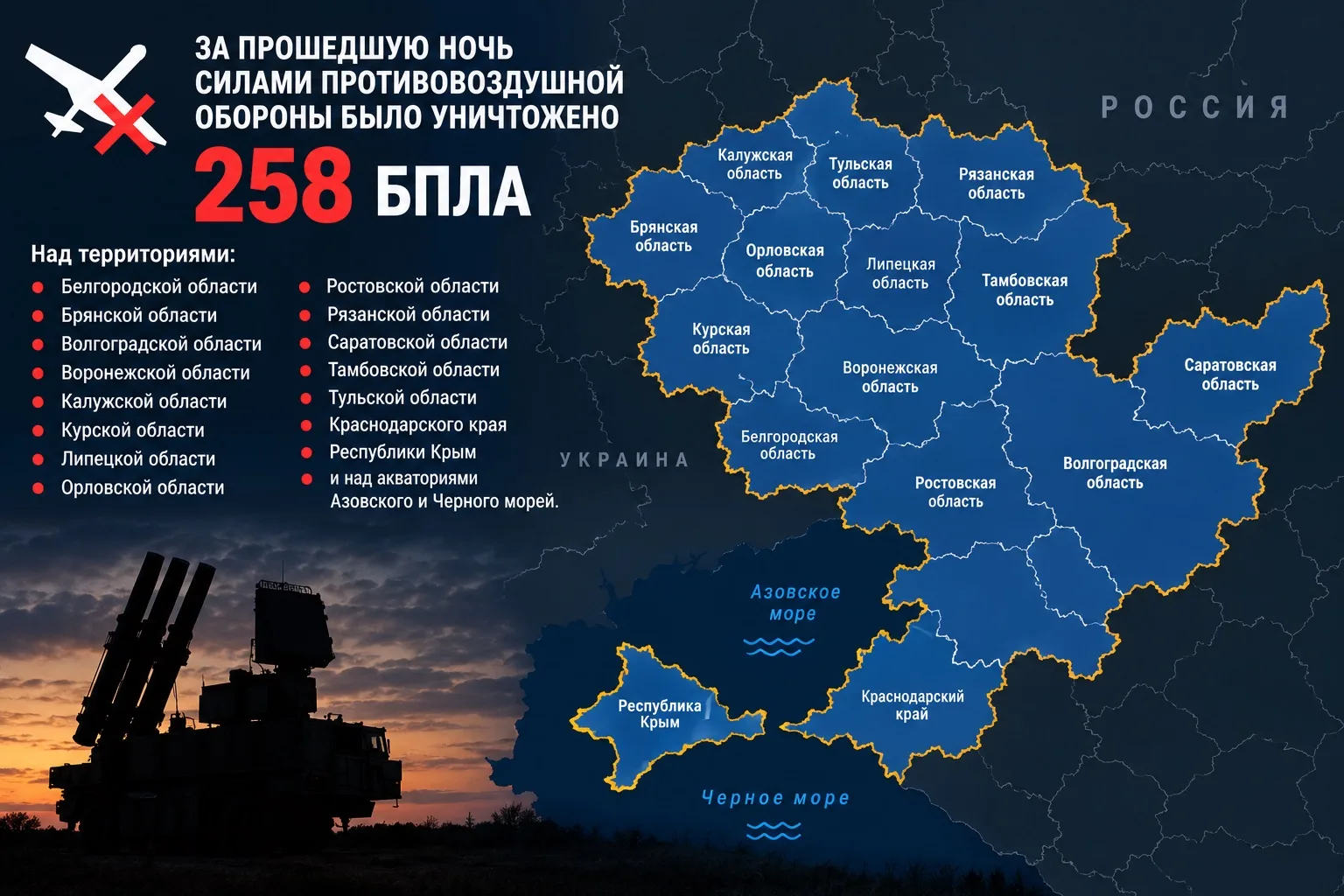 За прошедшую ночь силами противовоздушной обороны было уничтожено 258 БПЛА над территор...