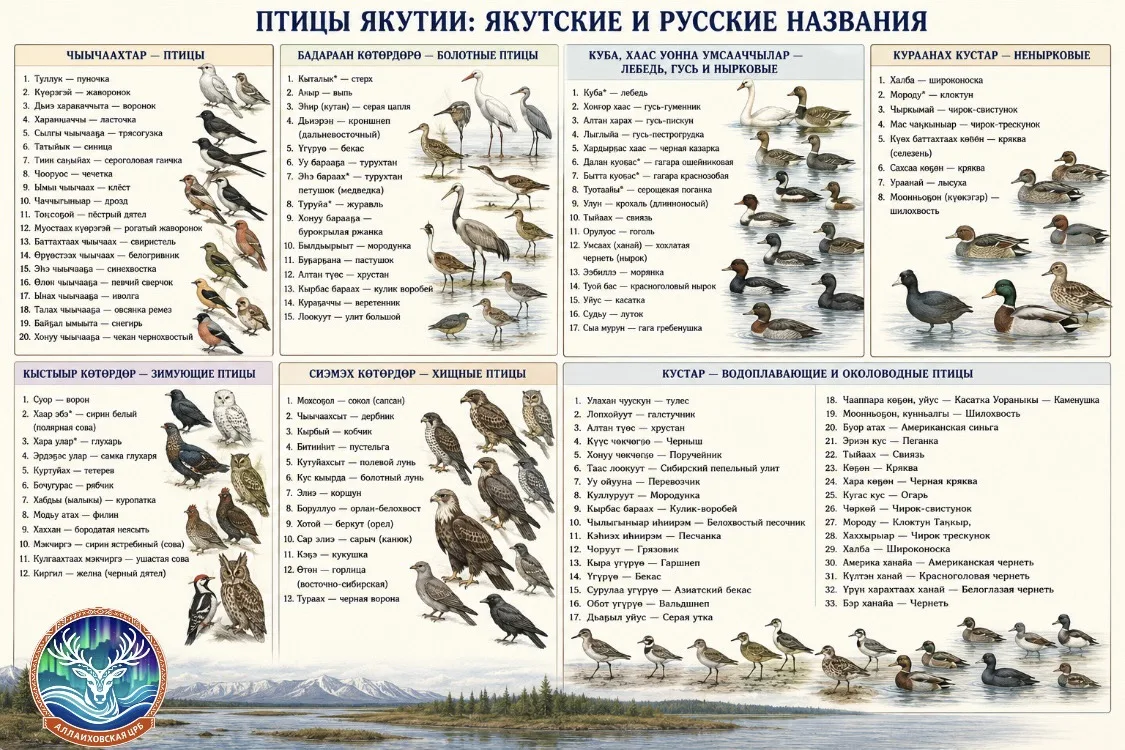 ЯКУТСКИЕ И РУССКИЕ НАЗВАНИЯ ПТИЦ, РЫБ И ЖИВОТНЫХ ЯКУТИИ

(Саха сирин көтөрдөрө, балыктар уонна кыылл