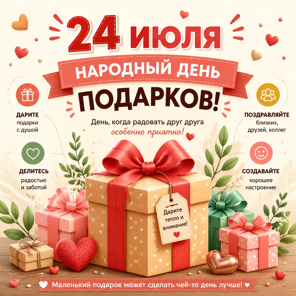 ✨ 24 июля — Народный день подарков! 

Сегодня у нас замечательный повод улыбнуться друг другу — Наро