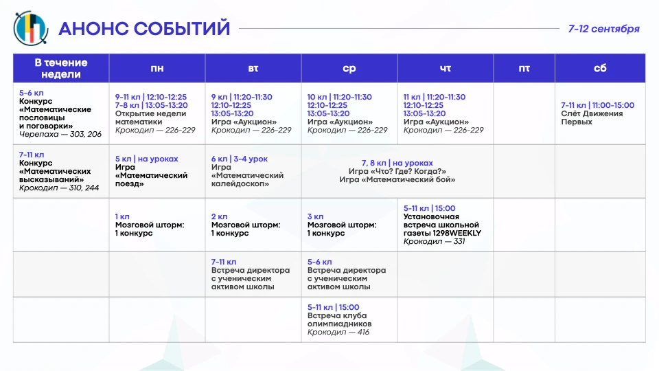 Что ждёт учеников с 7 по 12 сентября — в карточке