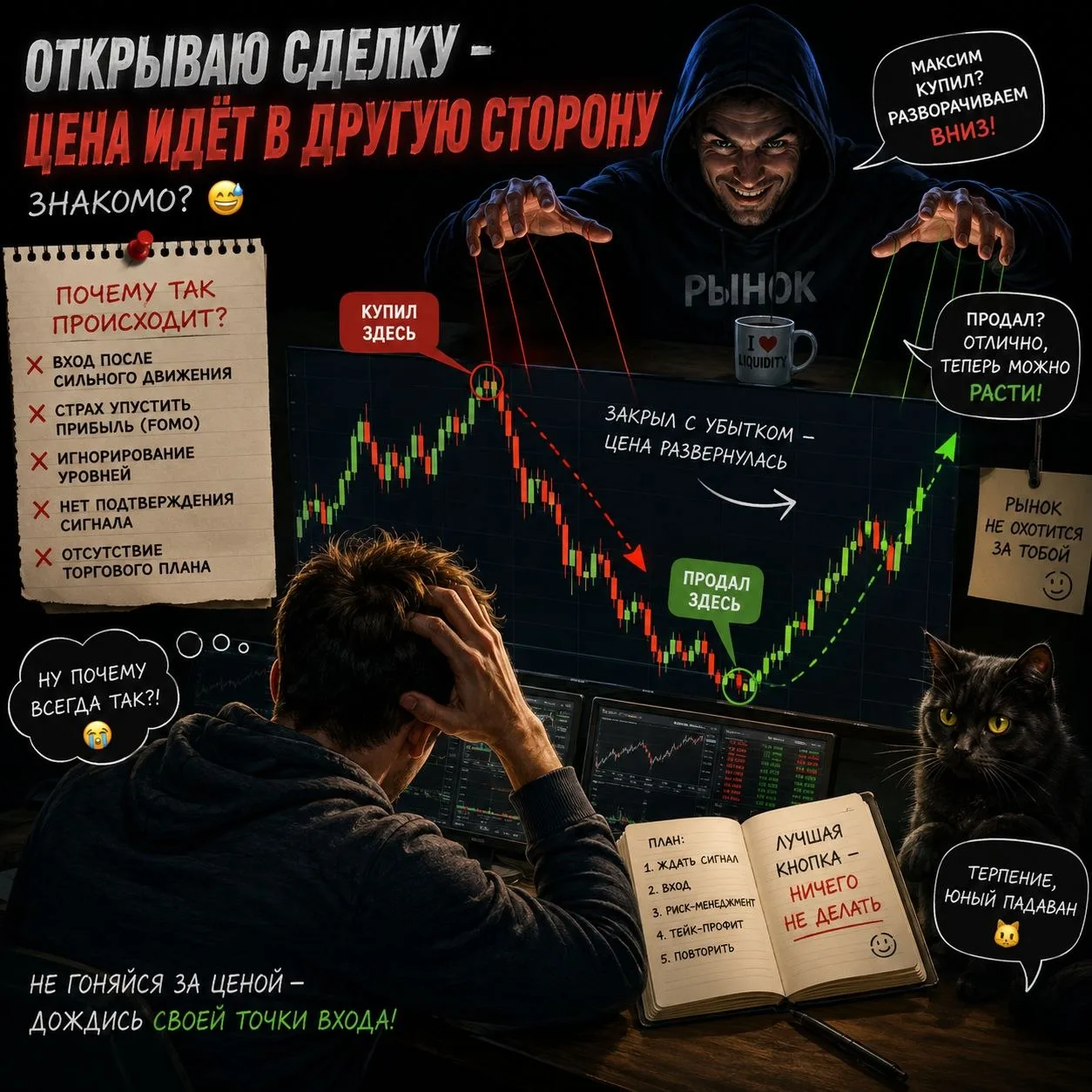 Есть ощущение, что рынок следит именно за вами? 🤔

Открываешь сделку.
Проходит несколько секунд...
