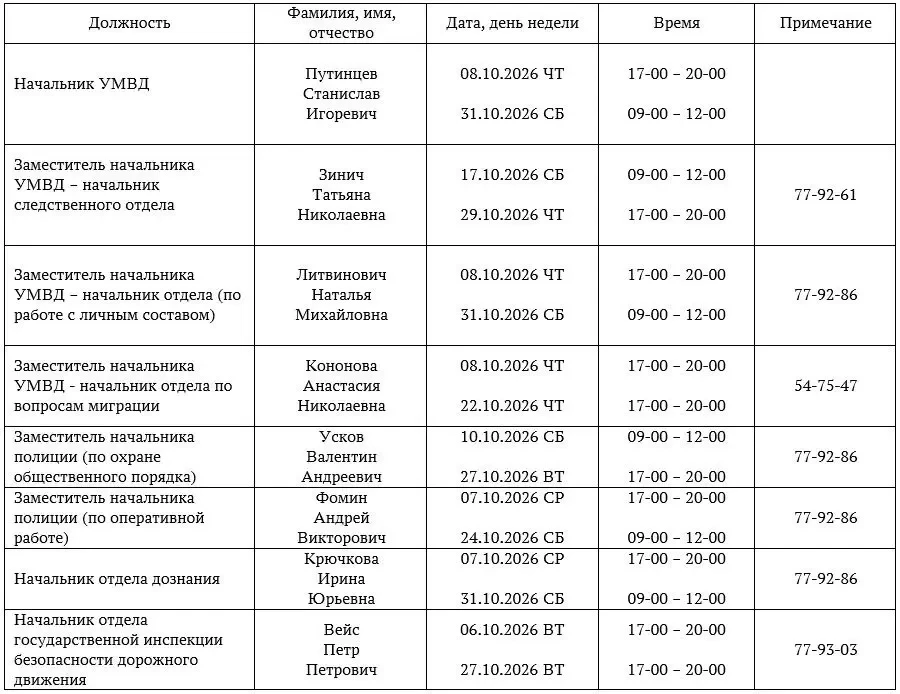 График приема граждан руководящим составом УМВД на октябрь