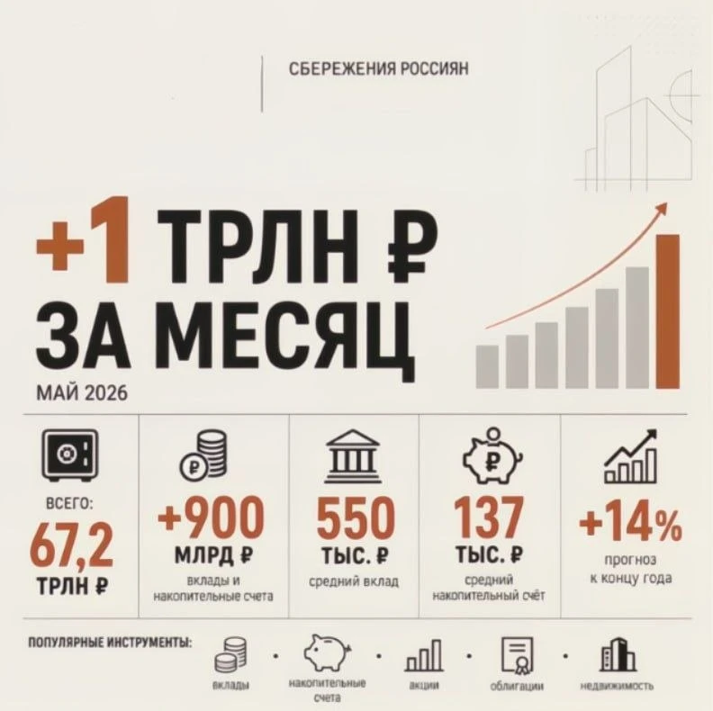 ℹ️ Россияне накопили рекордный 1 трлн рублей за месяц  Сбережения россиян на май 2026 года достигли 