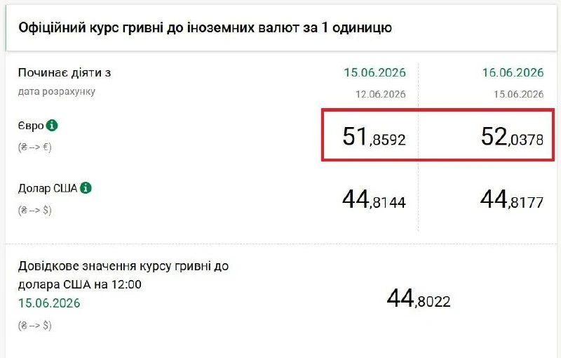 Евро пробил 52 гривны — исторический максимум

НБУ 15 июня поднял официальный курс евро с 51,86 до 5