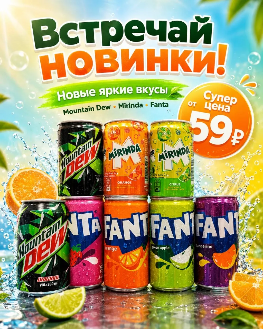Встречай новинки в Панде! 🥤🔥
Новые яркие вкусы уже на полке: Mountain Dew, Mirinda, Fanta — освежа