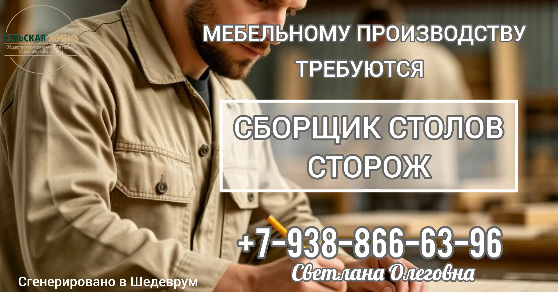 Мебельному производству требуются: 

📍сборщик столов,
📍сторож.

☎ +7-938-866-63-96, 
Светлана Олег