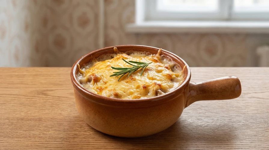 Жюльен с курочкой и грибами — Классический сливочный жюльен с курицей, грибами и беконом под сырной 