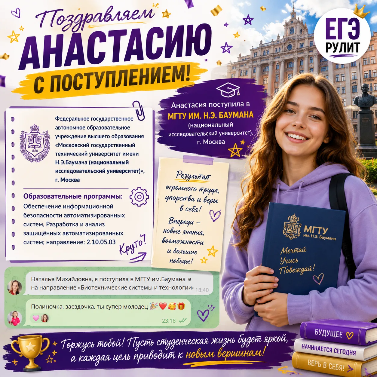 🎉 ПОЗДРАВЛЯЕМ АНАСТАСИЮ С ПОСТУПЛЕНИЕМ! 🎓✨