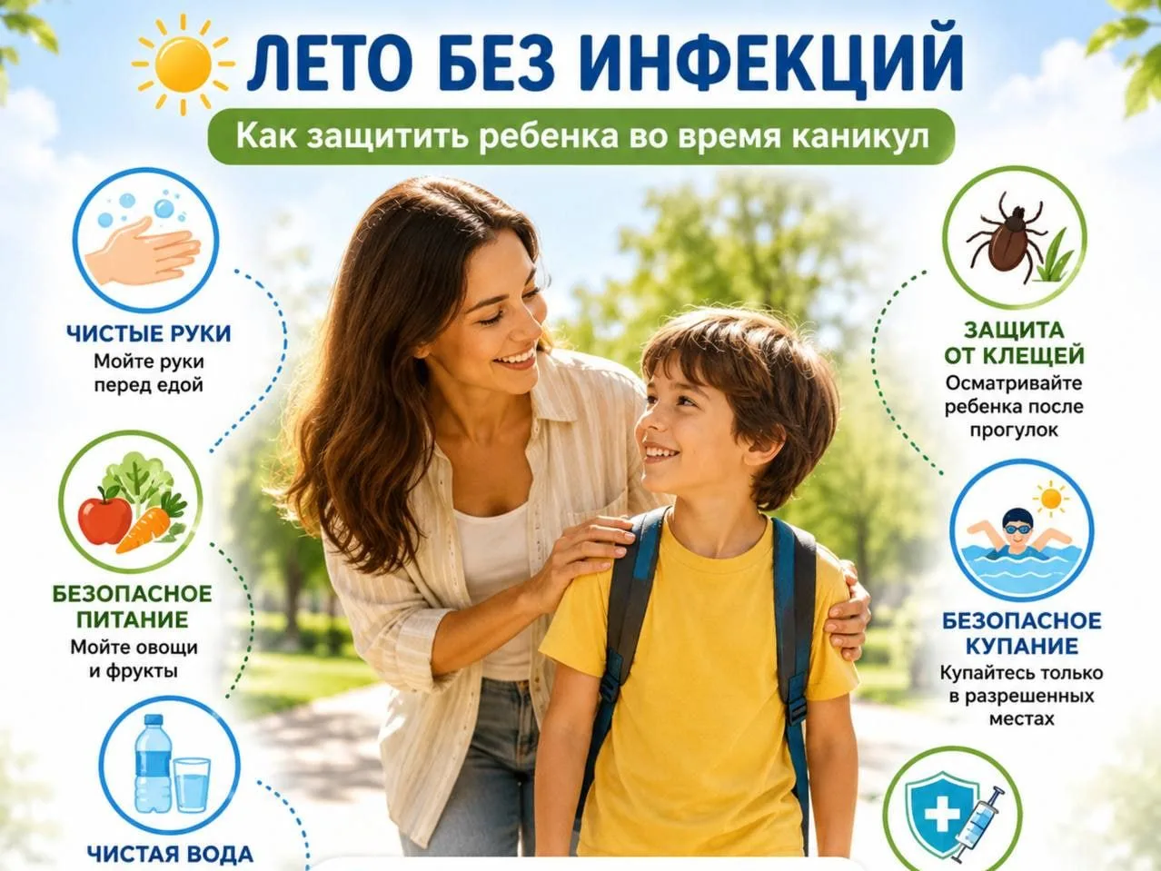 ☀️Лето без инфекций: как защитить ребенка в период каникул
Летние каникулы — время отдыха, путешеств