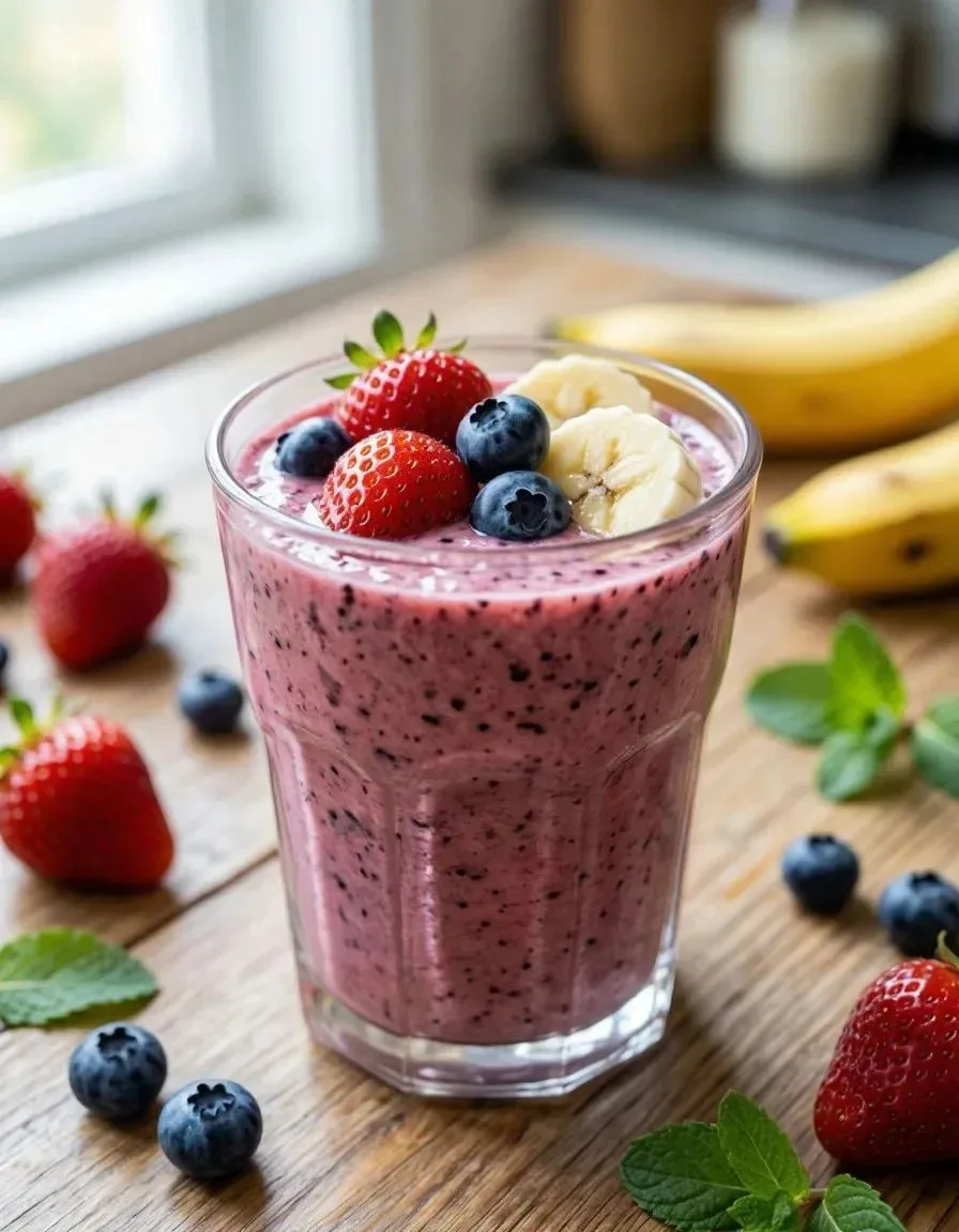 🍓🍌 Яркий и питательный смузи с клубникой, черникой, бананом и молоком — идеальный вар...