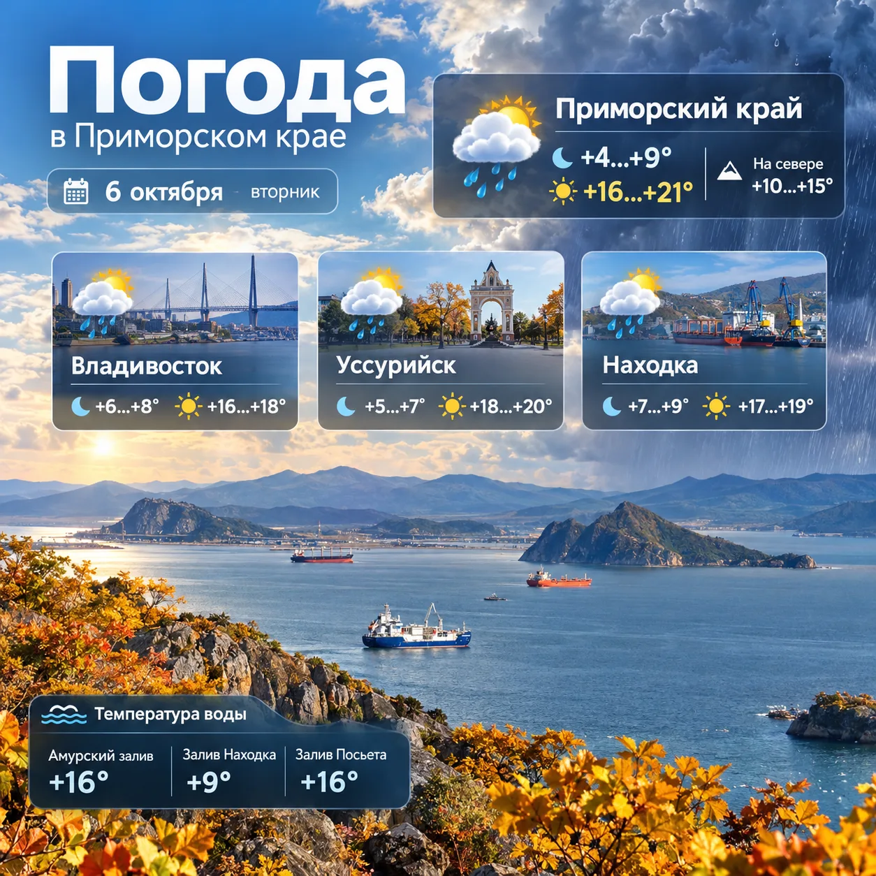 💫 Завтра, 6 октября, погоду в Приморском крае будет определять тыловая часть циклона. ...