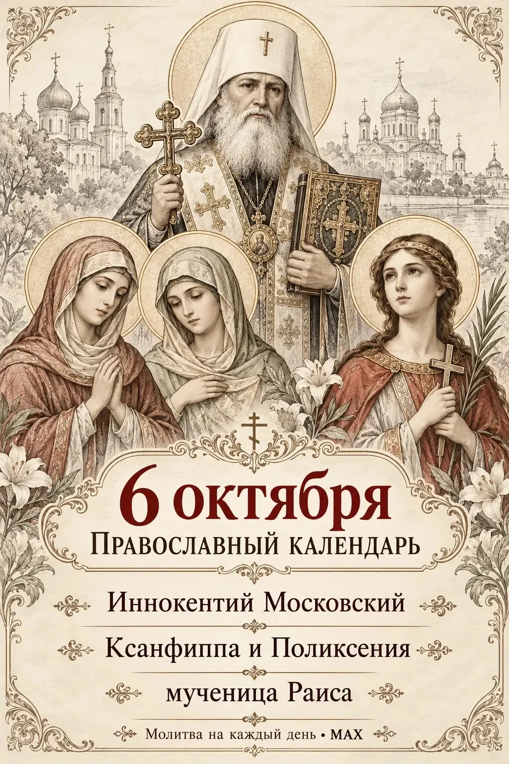 🕊️ 6 октября — святитель Иннокентий Московский, преподобные Ксанфиппа и Поликсения, му...