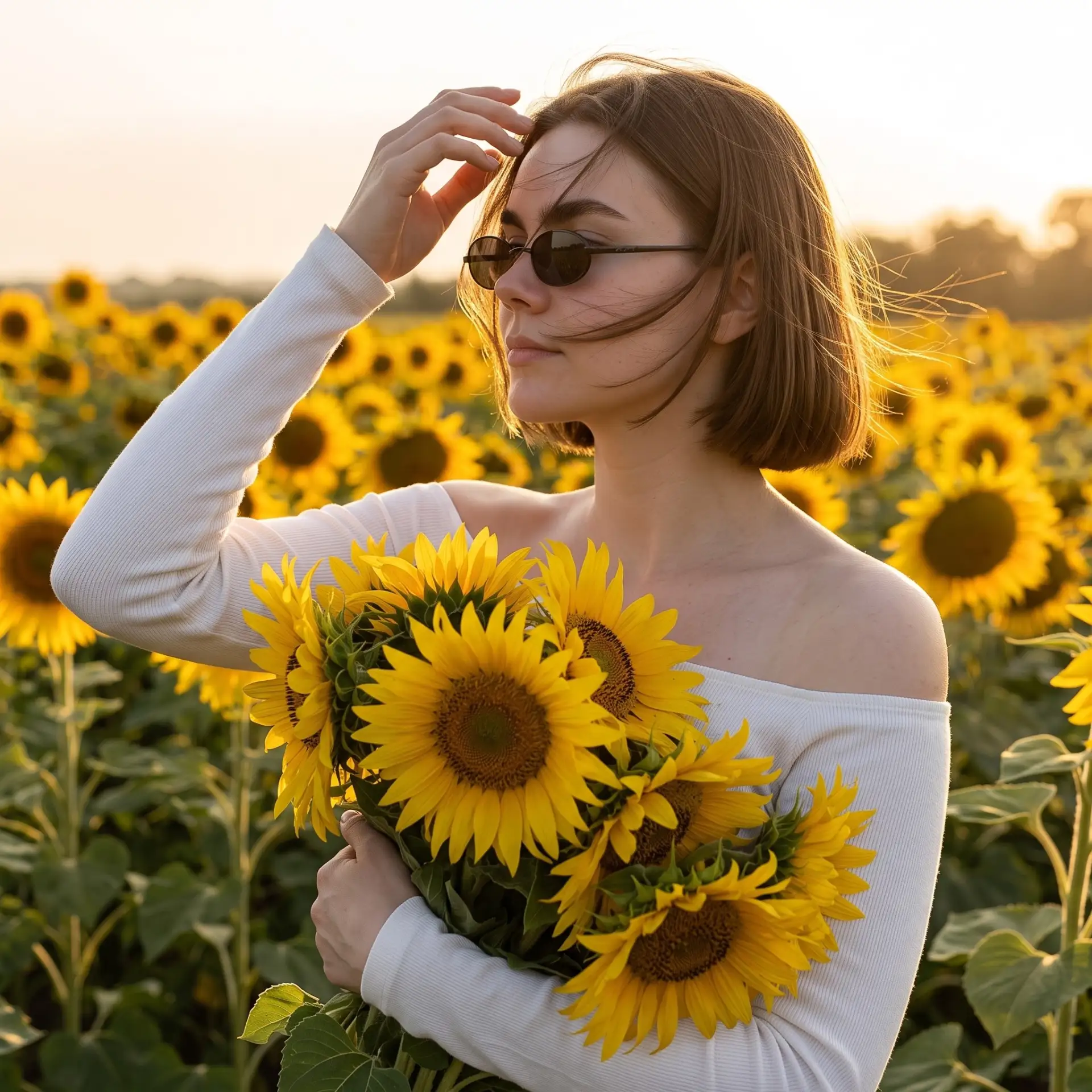 Живой портрет в подсолнухах на закате 🌻