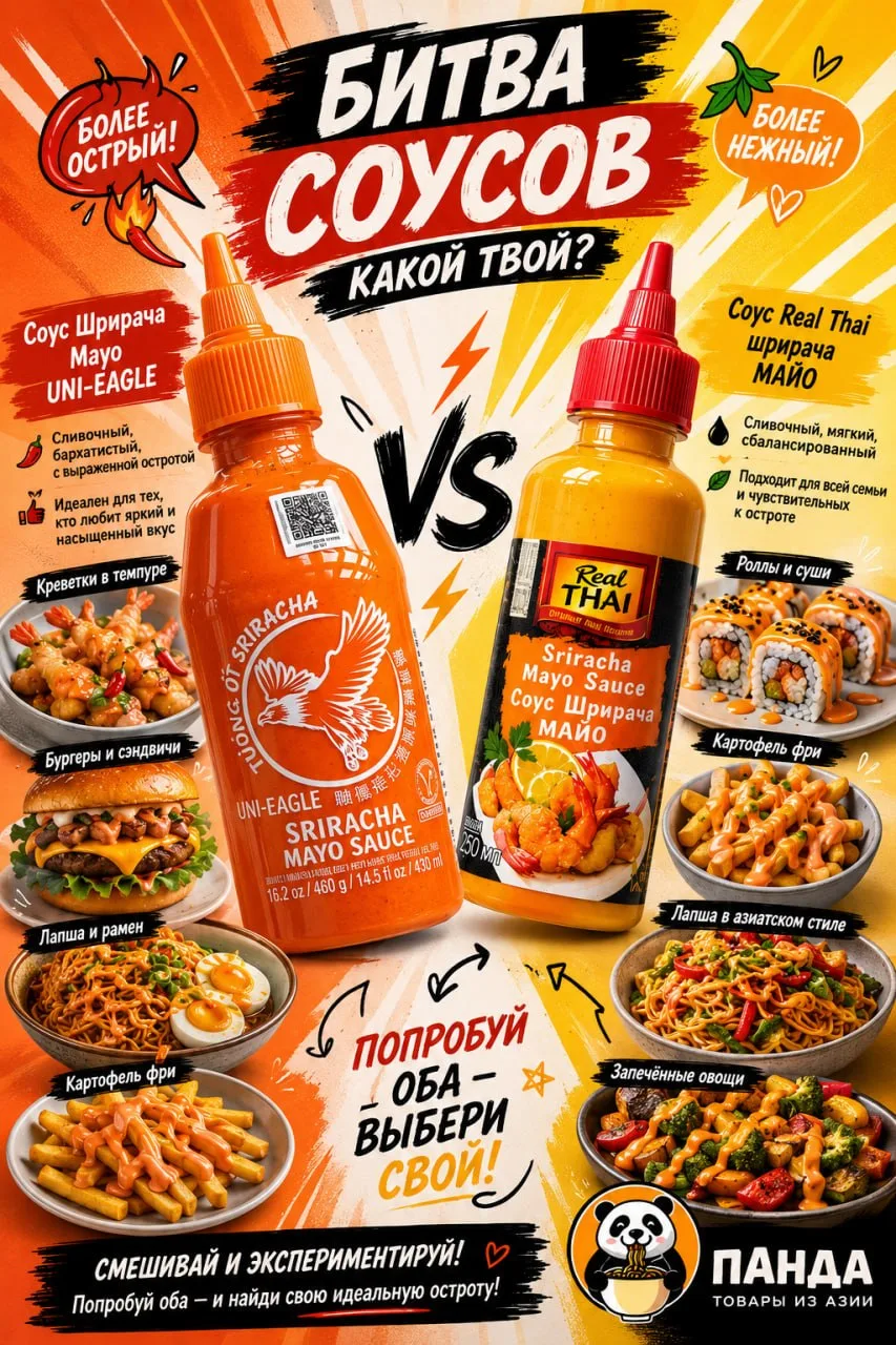Соус Шрирача Mayo UNI-EAGLE - острота нарастающая с продолжительным эффектом.
Соус Real Thai шрирача