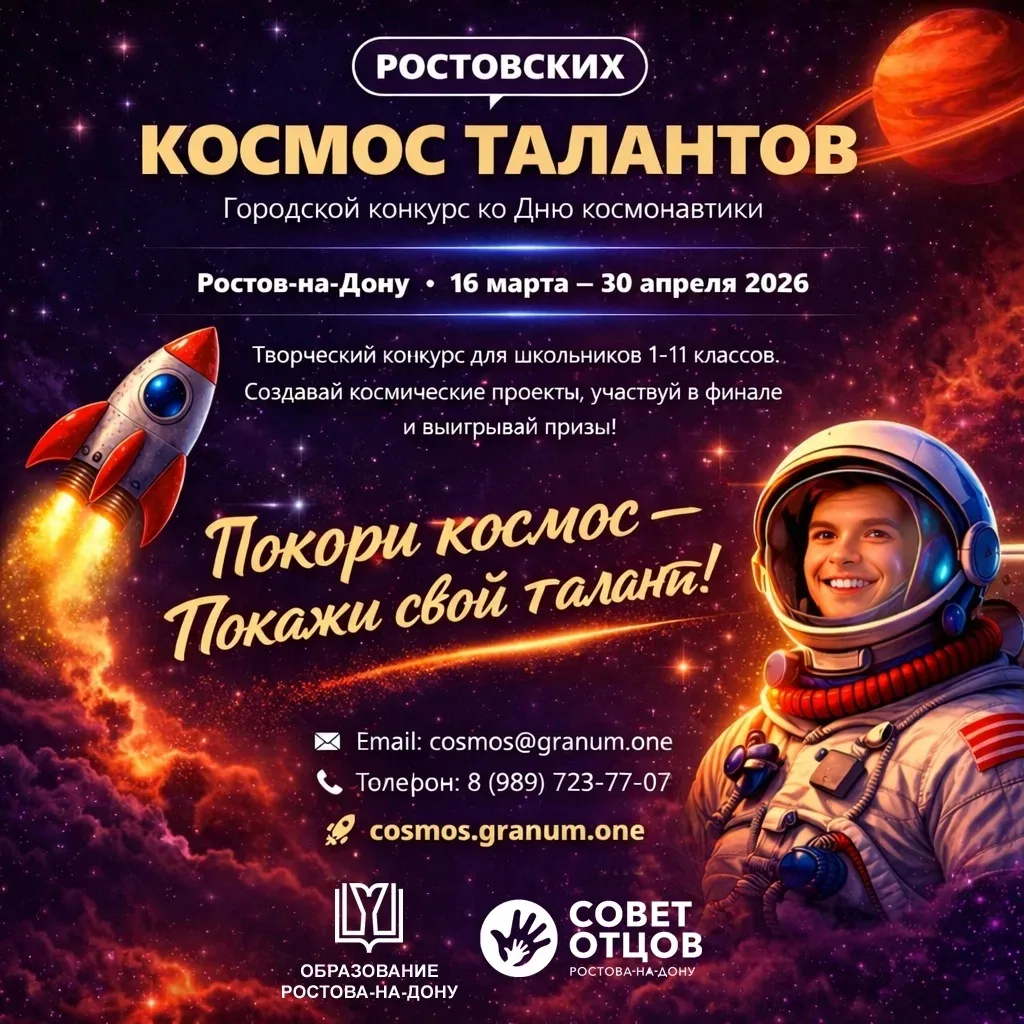 Уважаемые родители❗  Приглашаем школьников принять участие в конкурсе «Космос ростовских талантов» 🚀