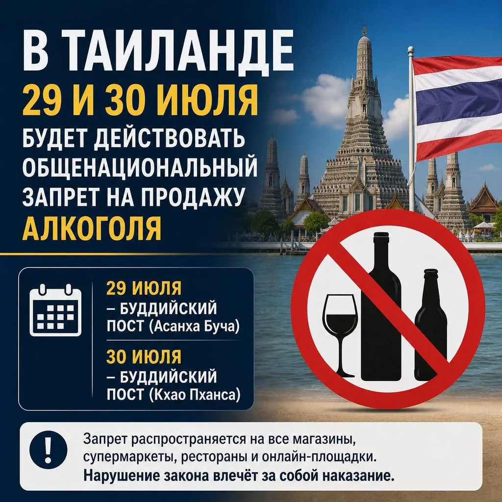 🇹🇭 В Таиланде 29–30 июля 2026 года будет действовать общенациональный запрет на продажу алкоголя в