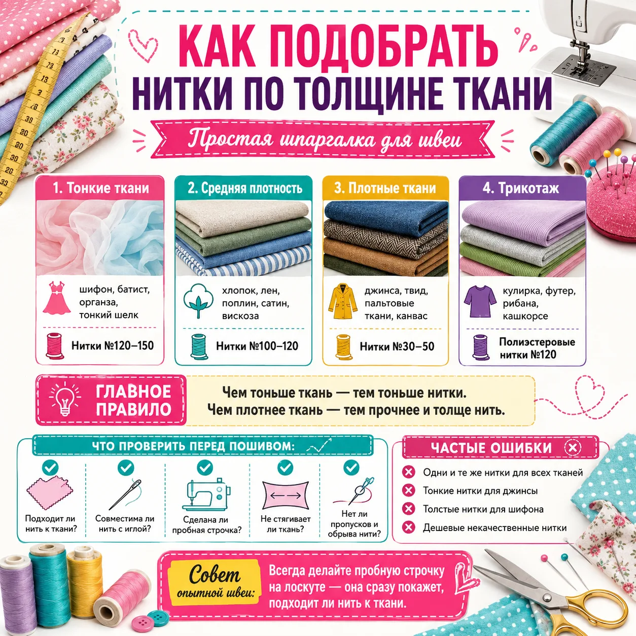 🧵 Как подобрать нитки по толщине ткани: простая шпаргалка для швеи

Многие думают, что качество стр