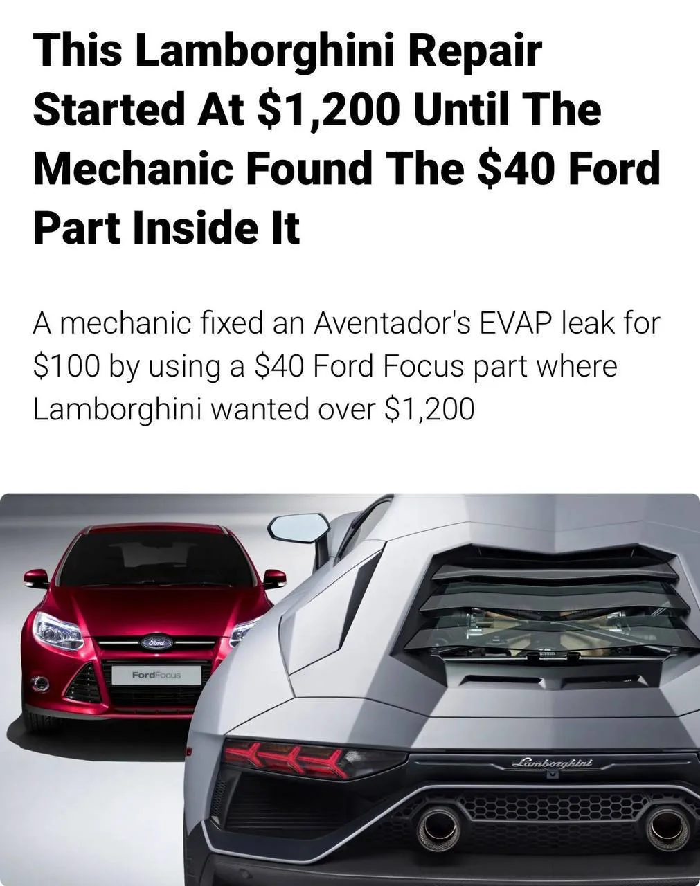 Анекдот дня: в Lamborghini Aventador нашли деталь от Ford Focus.

Владелец приехал менять крышку бен